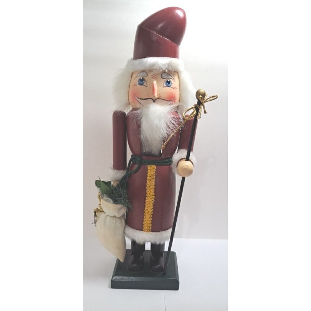 Vintage Wooden Santa Nutcracker 14" Holding Staff and Bag